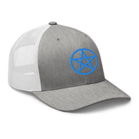 White trucker hat featuring Blue Wiccan Witchcraft Pentagram embroidered artwork, product image 9