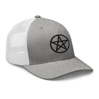 White trucker hat featuring Black Wiccan Witchcraft Pentagram embroidered artwork, product image 9