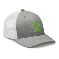 White trucker hat featuring Green Bio Hazard Symbol Warning Sign embroidered artwork, product image 9