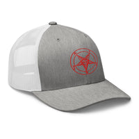 White trucker hat featuring Red Sigil of Baphomet Satanic Symbol embroidered artwork, product image 9