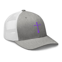 White trucker hat featuring Purple Gothic Medeival Cross embroidered artwork, product image 9