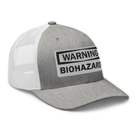 White trucker hat featuring White Warning Sign Bio Hazard embroidered artwork, product image 9
