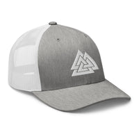 White trucker hat featuring White Viking The valknut Triangles of Power embroidered artwork, product image 9