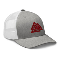 White trucker hat featuring Red Viking The valknut Triangles of Power embroidered artwork, product image 9