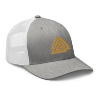 White trucker hat featuring Old Gold Viking The valknut Triangles of Power embroidered artwork, product image 9