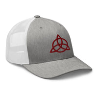 White trucker hat featuring Red Trinity Knot Triquetra Symbol embroidered artwork, product image 9