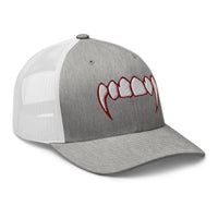 White trucker hat featuring Bloody Dracula Vampire Fangs embroidered artwork, product image 9