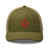 trucker hat featuring Red 8 Point Star Octagram Anu God Embroidered Retro embroidered artwork, product image 25