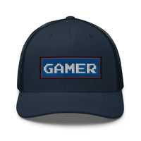 Charcoal/ Black trucker hat featuring 80's Retro Style 8 Bit Gamer embroidered artwork, product image 5