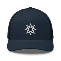Charcoal/ Black trucker hat featuring White 8 Point Star Octagram Anu God Embroidered Retro embroidered artwork, product image 5