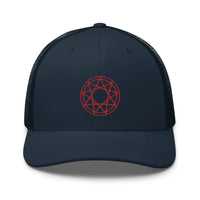 Charcoal/ Black trucker hat featuring Red 9 Point Star Pentagram Occult Symbol Embroidered Retro embroidered artwork, product image 5