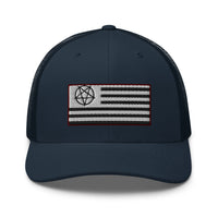 Charcoal/ Black trucker hat featuring American Satanist Pentagram U.S. Flag embroidered artwork, product image 5