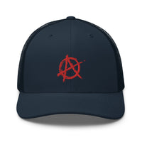 Charcoal/ Black trucker hat featuring Red Anarchy Sign Punk Rock Chaos Embroidered Retro embroidered artwork, product image 5