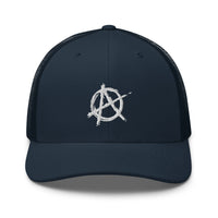 Charcoal/ Black trucker hat featuring White Anarchy Sign Punk Rock Chaos Embroidered Retro embroidered artwork, product image 5