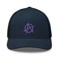 Charcoal/ Black trucker hat featuring Purple Anarchy Sign Punk Rock Chaos Embroidered Retro embroidered artwork, product image 5