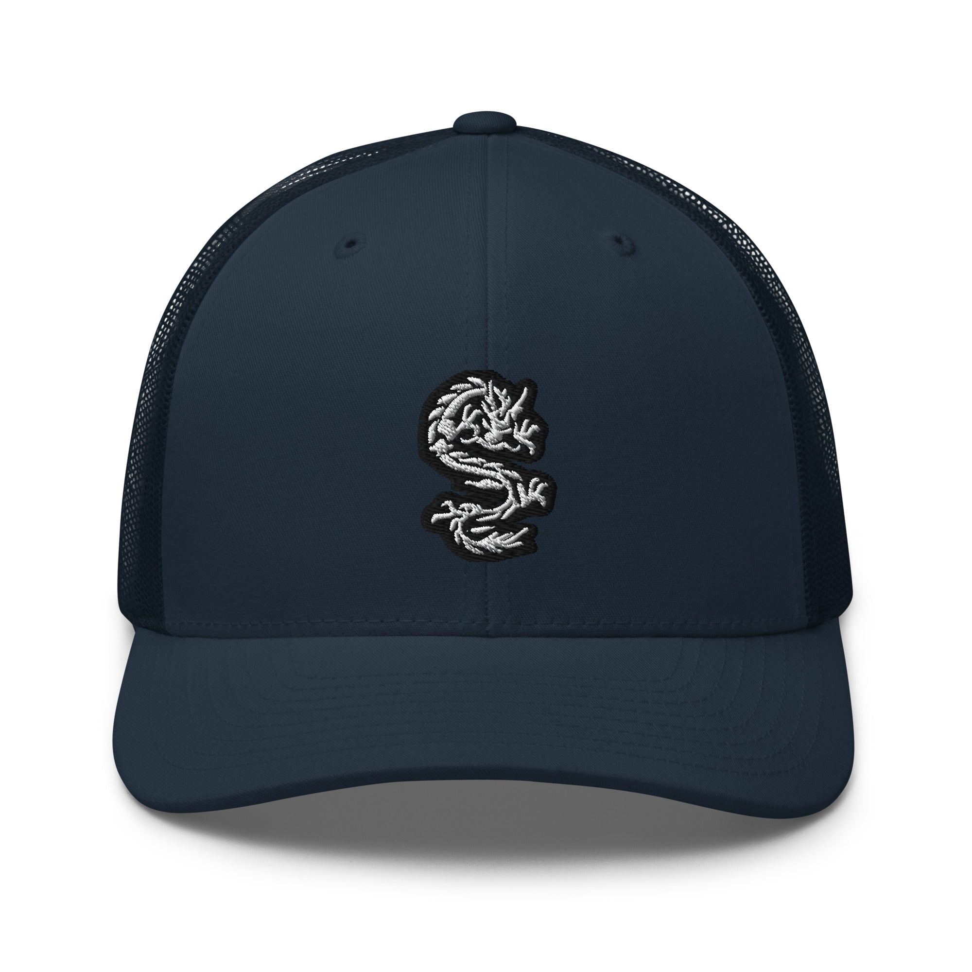 White Ancient Chinese Dragon Embroidered Retro Trucker Cap Snapback Hat