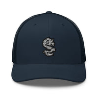 Charcoal/ Black trucker hat featuring White Ancient Chinese Dragon Embroidered Retro embroidered artwork, product image 5
