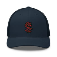 Charcoal/ Black trucker hat featuring Red Ancient Chinese Dragon Embroidered Retro embroidered artwork, product image 5