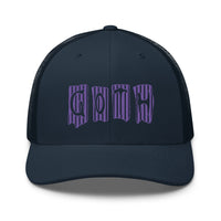 Red trucker hat featuring Purple Vertical Stripe Goth embroidered artwork, product image 6