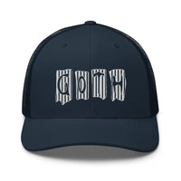Charcoal/ Black trucker hat featuring White Vertical Stripe Goth embroidered artwork, product image 5