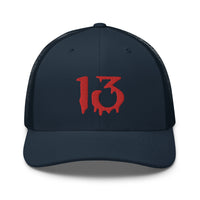 Charcoal/ Black trucker hat featuring Bloody Number Thirteen 13 Lucky Halloween embroidered artwork, product image 5