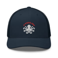 Charcoal/ Black trucker hat featuring Cthulhu The Elder Gods Embroidered Retro embroidered artwork, product image 5