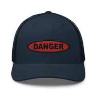 Charcoal/ Black trucker hat featuring Red Danger Warning Sign Embroidered Retro embroidered artwork, product image 5