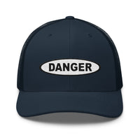 Charcoal/ Black trucker hat featuring White Danger Warning Sign Embroidered Retro embroidered artwork, product image 5