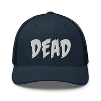Charcoal/ Black trucker hat featuring White DEAD Emotional Depression embroidered artwork, product image 5