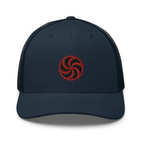 Charcoal/ Black trucker hat featuring Red Deadly Swirl Spike Symbol embroidered artwork, product image 5