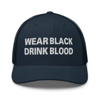 Charcoal/ Black trucker hat featuring Wear Black Drink Blood embroidered artwork, product image 5