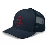 Charcoal/ Black trucker hat featuring Philosopher's Stone Red Alchemy Symbol embroidered artwork, product image 5