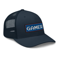 Red trucker hat featuring 80's Retro Style 8 Bit Gamer embroidered artwork, product image 6