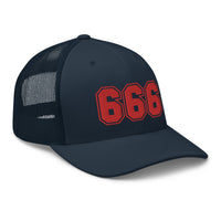 Rustic Orange/ Khaki trucker hat featuring Red 666 Number of the Beast Embroidered Retro embroidered artwork, product image 8
