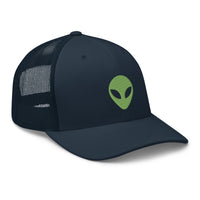 Red trucker hat featuring Alien Face Little Green Men Embroidered Retro embroidered artwork, product image 6