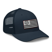 Red trucker hat featuring American Satanist Pentagram U.S. Flag embroidered artwork, product image 6