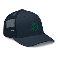 Pink trucker hat featuring Green Anarchy Sign Punk Rock Chaos Embroidered Retro embroidered artwork, product image 7