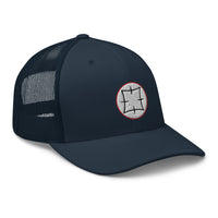 Red trucker hat featuring Ancient Japanese Symbol Embroidered Samurai embroidered artwork, product image 6