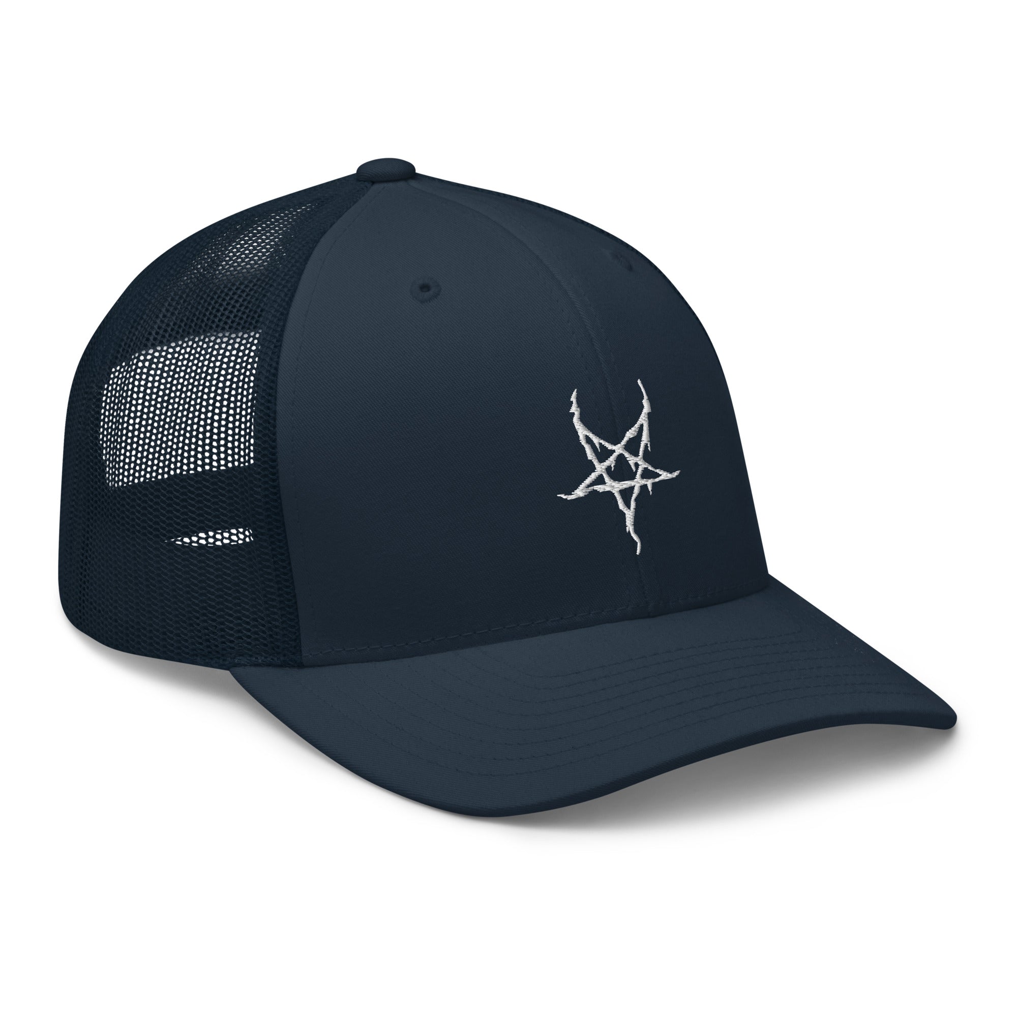 White Inverted Pentagram Black Metal Style Embroidered Trucker Cap Snapback Hat