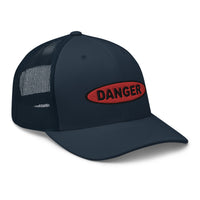 Red trucker hat featuring Red Danger Warning Sign Embroidered Retro embroidered artwork, product image 6