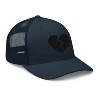 Charcoal/ Black trucker hat featuring Black Broken Heart Valentines Day embroidered artwork, product image 5