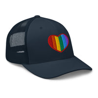 Charcoal/ Black trucker hat featuring Gay Pride Rainbow Colors Heart embroidered artwork, product image 5