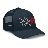 Navy/ White trucker hat featuring Sigil of Azazel Demon Occult Symbol embroidered artwork, product image 4