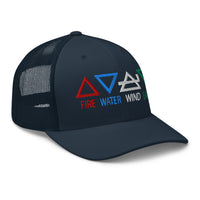 Navy/ White trucker hat featuring Four Elements of Matter: Fire, Water, Wind, Earth embroidered artwork, product image 4