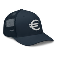 Navy/ White trucker hat featuring Euro Currency Money Symbol embroidered artwork, product image 4