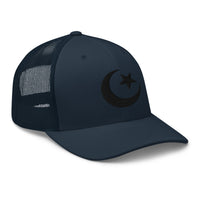 Charcoal/ Black trucker hat featuring Star and Crescent Moon Black Ancient Symbol embroidered artwork, product image 5