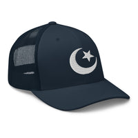 Navy/ White trucker hat featuring Star and Crescent Moon White Ancient Symbol embroidered artwork, product image 4