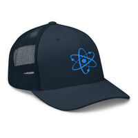 Navy/ White trucker hat featuring Atomic Nucleus Blue Symbol Nuclear Power embroidered artwork, product image 4