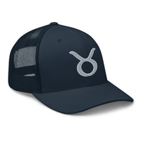 Navy/ White trucker hat featuring Zodiac Sign Taurus embroidered artwork, product image 4