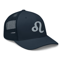 Navy/ White trucker hat featuring Zodiac Sign Leo embroidered artwork, product image 4